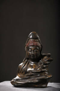 ▽鴻▽ 銅製 泥金 觀音菩薩半身像 置物 古賞物 中国古玩 中国古美術