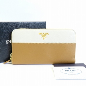 #anzw プラダ PRADA 長財布 ラウンドジップ 茶 白系 レディース [615423]