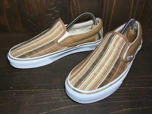 ★VANS バンズ 国内企画 slip on スリッポン 茶×ベージュ ストライプ 織物 25.5cm Used 検 SK8 ハーフキャブ オールドスクール サンダル 