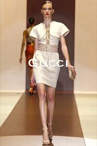 2011.12 SS.国内正規美品■Gucci/グッチ 半袖ワンピース/ドレス シルク26%使用ｘ麻 メタルパーツ ポケット付き ランウェイ掲載 42/L