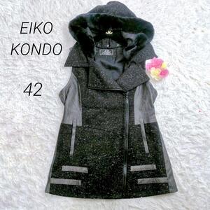 【美品】EIKO KONDO　3wayベストジレ　フードファー　フェイクレザー　42　XL　切り替え　ドッキング　エターナリーブレイズ