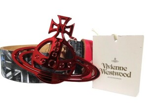 新品未使用 正規品 ヴィヴィアンウエストウッド Vivienne Westwood ベルト エンブレム付き レッド グレー 牛革 本革 レザー 