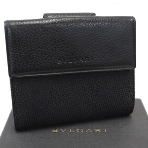 1円 ◆新品同様 BVLGARI ブルガリ Wホック 二つ折り財布 ロゴマニア マキシレッタレ キャンバス レザー ブラック◆E.Bmu.pD-26