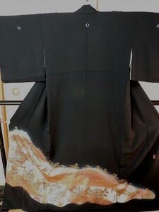 作家物 正絹 黒留袖 五つ紋 風景文 身丈150cm 中古 kut7★喜香★