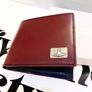 送料込●新品● Vivienne Westwood 二つ折レザー財布 赤×紺D 本牛革 オーブマークメタルタグ ヴィヴィアン ウエストウッド