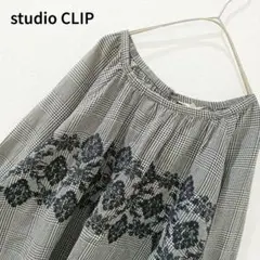 美品♡スタディオクリップLサイズ刺繍グレンチェック長袖ブラウス大きめ白黒R