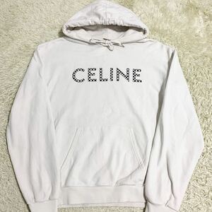 極美品 セリーヌ 【現行モデル】 CELINE パーカー スウェット トレーナー トップス エディ期 ビックロゴ スタッズ メンズ ホワイト サイズS