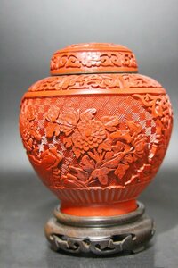 ＜聴雲＞ 堆朱 置物 花図 煎茶道具 壺 中国古玩 古美術品 骨董品 m-77