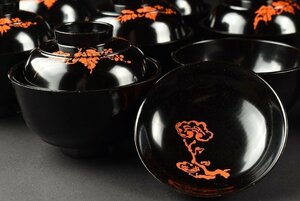 【蔵c8144a】木製漆器　箸洗　小吸物椀　黒塗蒔絵　十客　懐石道具