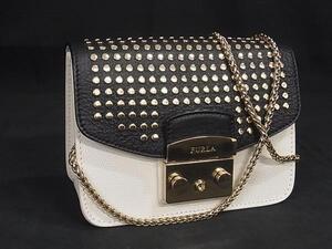 1円 ■美品■ FURLA フルラ メトロポリス レザー チェーン クロスボディ ショルダーバッグ 斜めがけ ブラック系×アイボリー系 FJ3454