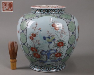 時代 有田焼 在銘 色絵花鶴馬窓絵 花瓶 高25,7cm 飾壷 古陶磁器 花器 細密細工 古美術品[b1227]