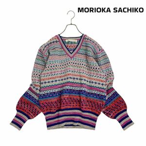 10T232☆ MORIOKA SACHIKO モリオカサチコ ウール100% 総柄 Vネック ニット セーター 秋冬 トップス ヴィンテージ 防寒 森岡幸子 FREE