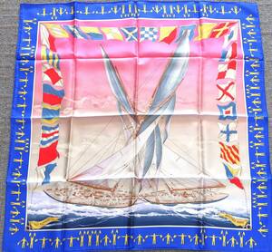 【美品】HERMES エルメス カレ90 スカーフ EN COURSE ヨット 旗 シルク100％ シルク パープル マルチカラー 小物 大判