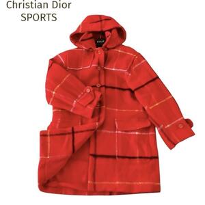 ☆Christian Dior SPORTS☆クリスチャンディオール スポーツ ウールチェックコート フード付 オレンジ系レッド サイズM