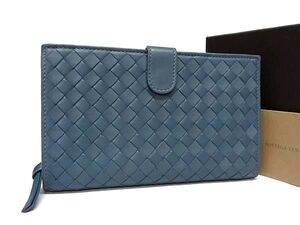 1円 ■美品■ BOTTEGA VENETA ボッテガヴェネタ イントレチャート レザー 二つ折り 財布 ウォレット 札入れ 小銭入れ ブルー系 FH4810