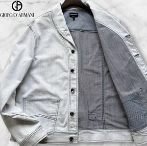 最高級/3L相当◎ジョルジオ アルマーニ デニム ジャケット GIORGIO ARMANI ショールカラー Gジャン ブルゾン メタルロゴ レザーパッチ 56