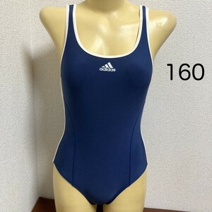 D526アディダス♪ストレッチ♪1円スタート！白パイピングネイビーの女子スク水♪アンダーやコレクションや撮影会にも♪サイズ160