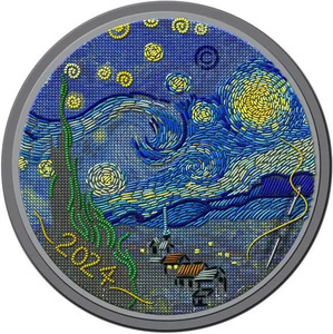 2024 3オンス パラオ 「星月夜」ゴッホ：ファイン刺繍アートシリーズ 彩色 シルク仕上げ 銀貨 20ドル 新品未使用