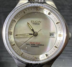 腕時計 ELGIN FK-1067-C TITANIUM SOLAR DRIVE SHELL PEARL LUMINOUS DIAMONDS エルジン 48.68g レディース 稼働品 WA017