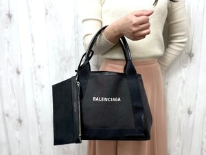 美品 BALENCIAGA バレンシアガ ネイビーカバス S トートバッグ ハンドバッグ バッグ キャンバス×レザー 黒 79443Y