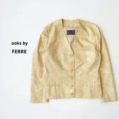 美品 フェレ oaks by FERRE【L】総柄 ノーカラー ジャケット 金