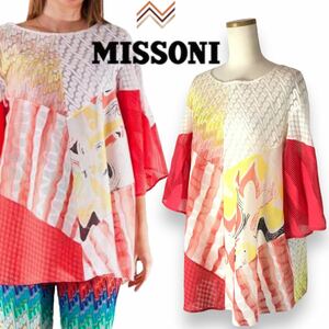 r192 美品 MISSONI ミッソーニ チュニック トップス パッチワーク 総柄 シャツ ブラウス 40 イタリア製 レディース リゾート パフスリーブ