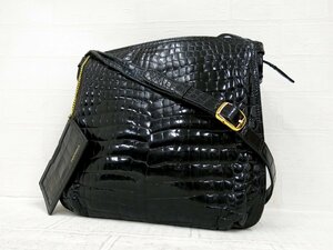 ◆美品◆GENUINE◆クロコダイル 本 ワニ 革◆ショルダー バッグ◆ブラック ゴールド金具◆斜め掛け◆肩掛け◆パスケース付き◆A5613