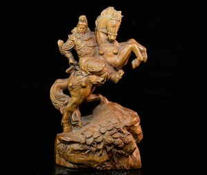 【古寶奇蔵】黄楊木製・細密彫・騎馬關公像・置物・賞物・中国時代美術