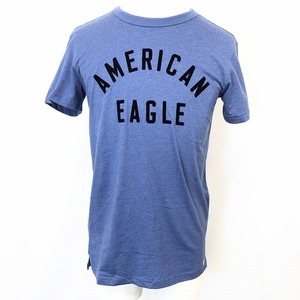 American Eagle アメリカンイーグル XS メンズ Tシャツ カットソー フロッキープリント ロゴ 丸首 半袖 ロングテール 綿×ポリ 杢ネイビー