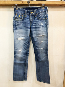 H34★Made in USA!!★TRUE RELIGION/トゥルーレリジョン ダメージ加工ストレートシルエットデニム ブルー ボトム アメカジ USED ★