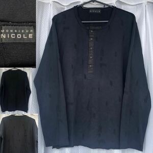 レア品★MONSIEUR NICOLE /ダメージ加工 ヘンリーネック カットソー 長袖 黒★ロンT プルオーバー ロングスリーブ Tシャツ/ムッシュ ニコル