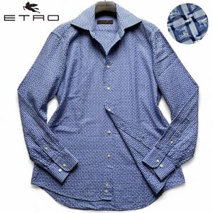 極美品/XL相当◎エトロ【極上の爽やかさ】ETRO スタッズ柄 総柄 編み込み 凹凸 長袖シャツ ストレッチ ブルー系 高級イタリア製 メンズ 41