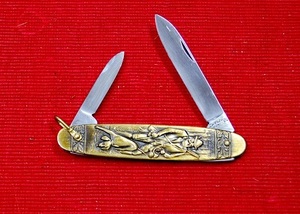 S-1Vintage pocket Pen Knife.老ハンター・犬の絵柄。刻印”ROSTFREI・蝦夷鹿革poach進呈