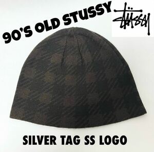 【超美品 状態良好】③NY直営店購入③90’s OLD STUSSYオールドステューシー チェック&ストライプ柄シャネルロゴ製品タグ ビーニーブラウン