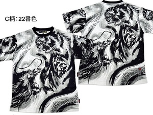 絡繰魂×中塚 墨絵昇華転写プリント半袖Tシャツ C柄Mサイズ 212843 和柄 和風 龍虎 水墨画