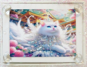 【2L】ネコ日本帝国 10 宝石羽根と白猫 絵画イラストオリジナル原画 Cat Empire Jewel feather white cat painting original art