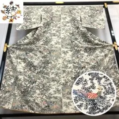 MK-1287 小紋 型染 鳥　花模様 縮緬　乳白色