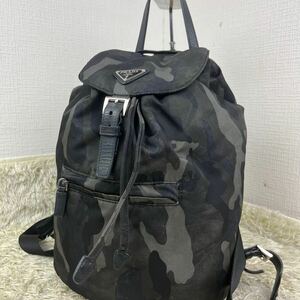 1円 希少 PRADA プラダ リュック バックパック BZ0032 ナイロン カモフラ 迷彩 三角プレート ロゴ金具 サフィアーノレザー ユニセックス