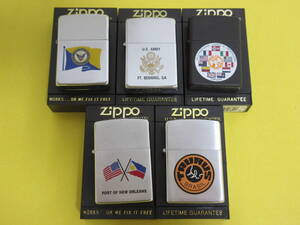 284) ZIPPO/ジッポー 5個セット U.A.ARMY/PORT OF NEW ORLEANS/TAURUS/国旗等