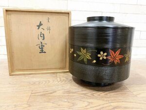 平安 象彦 黒塗 雲錦文 3段 大内重箱 菓子器 木製漆器 共箱 紅葉 和食器