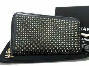 1円 ■極美品■ CHANEL シャネル レザー ラインストーン ラウンドファスナー 長財布 ウォレット 小銭入れ 札入れ ブラック系 AX7070