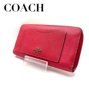 美品 コーチ COACH ラウンドファスナー 赤 レザー レディース