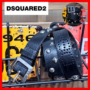 Dsquared2　ディースクエアード　スタッズ　パンチングロゴ　レザー　ベルト　Ｍ　ブラック