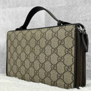 1円 極美品 GUCCI グッチ オーガナイザー 長財布 ハンドバッグ クラッチバッグ PVC レザー ビジネス 総柄 GG メンズ ダブルファスナー 茶 