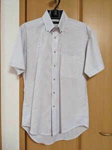 dress camicia◆形態安定加工ボタンダウンシャツ　縦縞＆白　2枚セット！／半袖ワイシャツ／39／ストライプ／まとめ売り／クリーニング済み