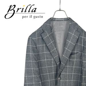 09M360◯ Brilla per il gusto ビームス シルク カシミヤ 総裏 グレー系 チェック テーラードジャケット 秋冬 M