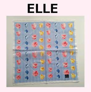 《送込》（K73）【ELLE】ハンカチ　水色　花柄　綿100％　製造発売：川辺㈱　45×45㎝　個包装なし　長期自宅保管　エル　パリ