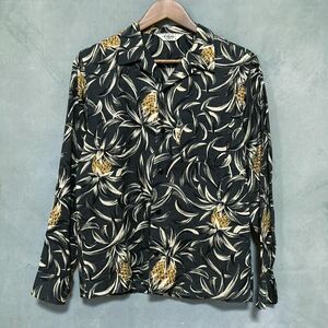 CALEE キャリー L/S COTTON ALOHA SHIRT パイナップル 総柄 コットン オープンカラー アロハ シャツ size.M ブラック キャンプカラー