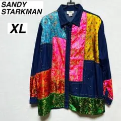 SANDY STARKMAN    ビーズ パッチワーク柄 デニムシャツ　XL