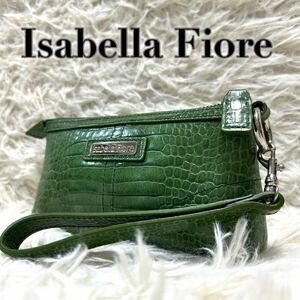 1円【希少】Isabella Fiore イザベラフィオーレ ポーチ クラッチバッグ レザー 本革 クロコ型押 長財布 グリーン 緑 ロゴプレート カラビナ